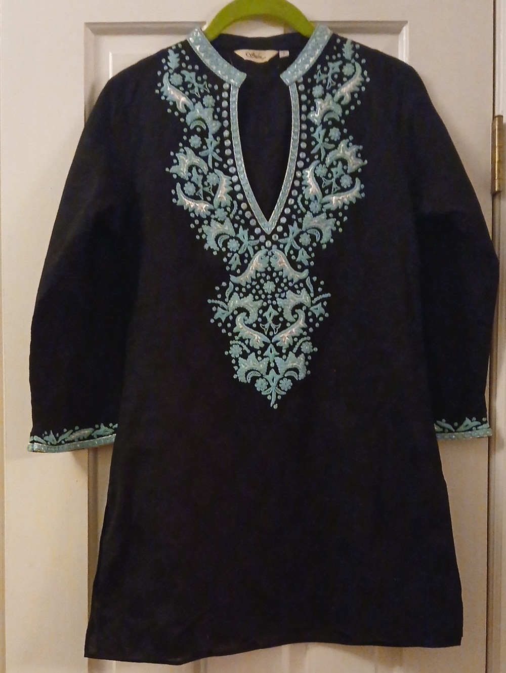 Black Tunic with Aqua Embroidered V-Neck Panel